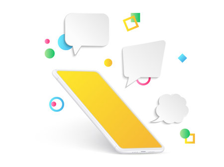 Empty smartphone with message bubble. Communication realistic gadget mockup, phone chat or conference. 3D mobile with decorative geometric vector banner template. Illustration of mobile phone designのイラスト素材