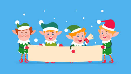 Merry Christmas message. Santa elf holding banner, cute cartoon elves. Tales characters vector poster empty card for message, christmas presenting illustrationのイラスト素材