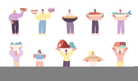 People holding food. Person with festive meal, cooking woman man. Isolated chefs, home delicious meals. Holiday dinner utter vector characters. Illustration of person with food, fish and meatのイラスト素材
