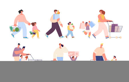 Shopping family. Isolated people buy food, shop or market customers. Parents with children holding bags, weekend shoppers utter vector characters. Illustration of family supermarket do shoppingのイラスト素材