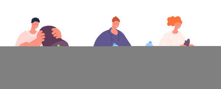 Sorting waste. Eco friendly volunteers, woman man with bags for garbage. Ecology management, trash reusing and good habit utter vector scene. Illustration of container separation and recycling rubbishのイラスト素材