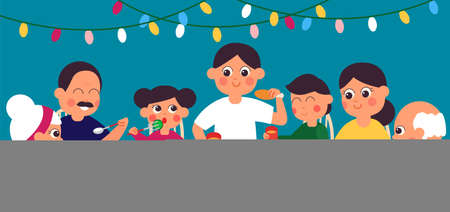Family festive dinner. Christmas table, eat together. Happy fest lunch, parents and children reunion. Friends celebrating, diverse meals vector concept. Illustraton of holiday family table with foodのイラスト素材