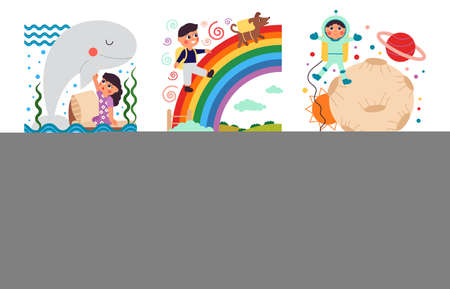 Kids fantasy world. Children imagination, childhood dream adventures. Imagine magic, kid on playground. Childish mind, friendship decent vector scenes. Boy and girl fantasy, dream cartoon illustrationのイラスト素材