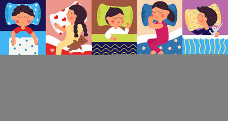 Sleeping kids. Peaceful childhood, kid sleep in home bed. Bedtime, cartoon children dreaming with toys, sleepy child. Baby rest vector concept. Illustration of child resting under blanket in bedroomのイラスト素材