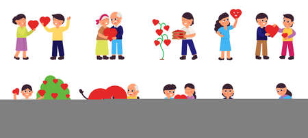 People sharing hearts. Giving heart, children adults with love symbols. Donations charity, volunteering. Support community vector. Illustration of charity share, organization sharing and assistanceのイラスト素材