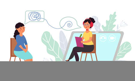 Online therapist. Internet communication, psychological counselling virtual. Medical treatment, web therapy session. Distance support vector. Illustration of medical communication and conversationのイラスト素材