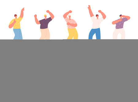 Isolated dancing people. Group friends, happy excited girl in dance. Smiles young teens celebration, disco party or music festival vector set. Illustration of dance celebration and happiness partyのイラスト素材