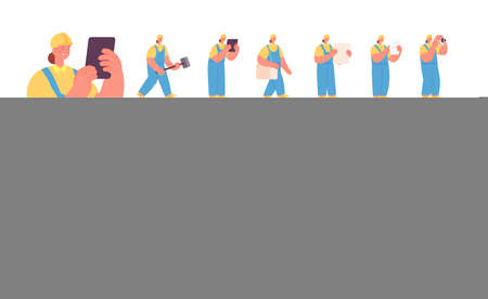 Woman builder character. Female engineer, construction worker in helmet. Building industry, architect project. Repair contractor utter vector set. Illustration of worker woman, engineer professionalのイラスト素材