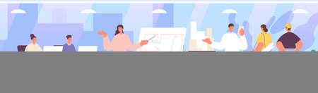 Architect meeting. Engineers in office, construction workers discuss working plan. Flat planning, team generating ideas vector illustration. Project office meeting, architect teamwork engineeringのイラスト素材