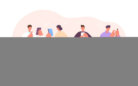 Adults gadget addiction. Digital communication, people use smartphones. Teens communicate in social media with mobile utter vector concept. Illustration of addiction smartphone or gadgetsのイラスト素材