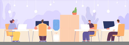 Business people working. Manager daily life, person sit at desk with computers. Job project process, teamwork corporate morning utter vector scene. Illustration of office work manager teamのイラスト素材