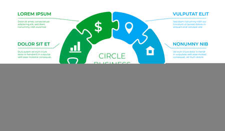 Puzzle circle infographics. Puzzles piece in round diagram, step by step business process. Start project with jigsaw recent vector template. Illustration of business circle diagram, graph and chartのイラスト素材