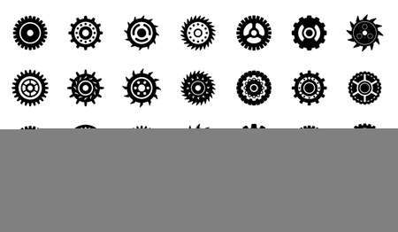 Mechanical gears elements. Cogs gear wheel, isolated mechanical icons. Engineering symbol, clock or car details. Black cogwheels recent vector set. Mechanical icon and engineering cogwheelのイラスト素材
