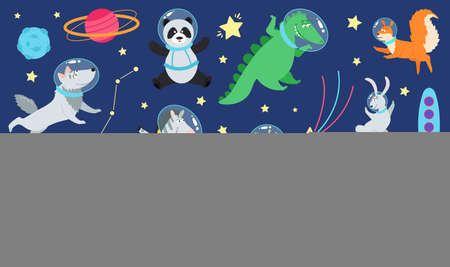 Cartoon space animals. Cute astronaut animal in costume, universe travel on spaceship. Kids stickers, children dream cosmos adventures vector set. Illustration of panda and crocodile, wolf and giraffeのイラスト素材