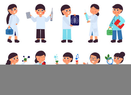 Scientists characters. Research scientist, lab chemistry medical. Laboratory tests, testing water or organic plant. Doctor work decent vector concept. Illustration of scientist research and educationのイラスト素材