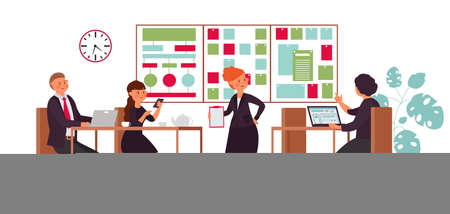 Work planning meeting. Working business presentation, office team project. Cartoon female seminar speaker, strategic group decent vector scene. Illustration of business meeting projectのイラスト素材