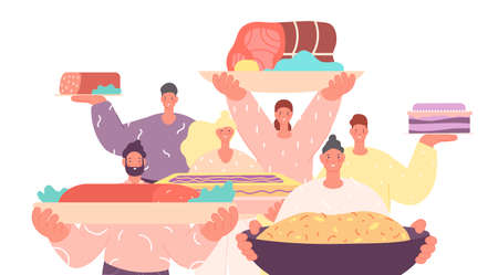 People holding food. Group with festive meals, restaurant team. Waiters, lunch or dinner time. Adults cooking, tasty dishes utter vector. Illustration of group people with food meal, party festivalのイラスト素材