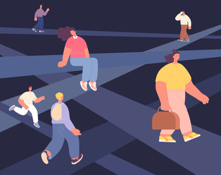 Life path. People going on their paths, single lifestyle. Different living ways metaphors, running man and sitting girl. Psychological utter vector concept. Illustration of path life, way conceptのイラスト素材