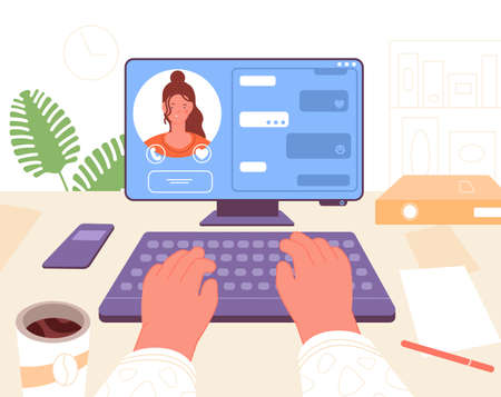 Online chatting. People virtual communication, webinar or video conference. Digital technology, internet meet. Computer talk utter vector concept. Illustration of internet chat online to communicationのイラスト素材