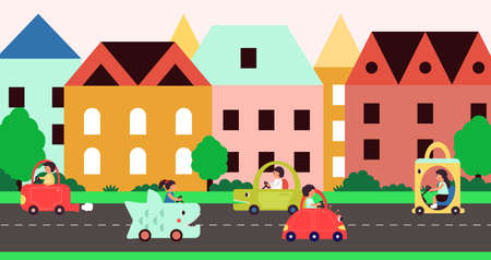 City transportation. Car on street, cartoon childish transport. People riding on road, kawaii style town. Woman man in vehicle vector. Kids transportation car on road, outdoor cityscape illustrationのイラスト素材