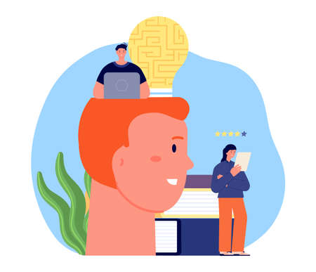 Creating ideas. People thinking, work with computer and read. Education, business creative team vector concept. Illustration of idea creative for work concept in headのイラスト素材