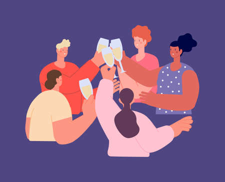 Friends celebrate. Cheers, people drink champagne. New year party, birthday celebration. Guys drinking together in bar or restaurant vector concept. Illustration of party birthday with champagneのイラスト素材