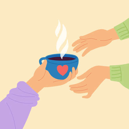 Hands with coffee. Women hold mug, student morning drink. Psychological support metaphor. Person give cup tea to friend, decent vector concept. Espresso beverage holding by handsのイラスト素材
