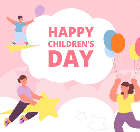 Childrens day poster. Preschool events flyer, kindergarten party banner. Little child flying on balloons and star. Happy kids holiday vector card. Illustration of happy celebration and greeting childのイラスト素材