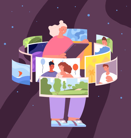 Girl in social media. Friend communication, holding smartphone and browse news. Blogger sharing information, influence or web marketing utter vector concept. Illustration of girl networkingのイラスト素材