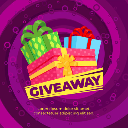 Giveaway banner template. Winning offer, gifts or sale winner card. Minimal bright poster with colorful surprise boxes, present vector background. Illustration of winning surprise and promo bonusのイラスト素材