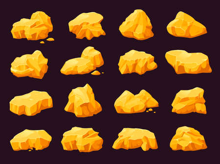 Gold rock stones. Game stone mine elements, golden nugget pile. Isolated gem collection, cartoon shining gemstones. Natural resources recent vector set. Illustration of gold rock stone for gameのイラスト素材