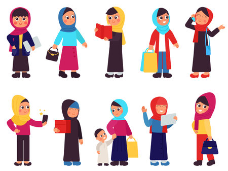 Arab woman characters. Muslim women, arabic cartoon female crowd. Little saudi people, isolated flat business girls in hijab decent vector set. Illustration of character arab woman, muslim arabicのイラスト素材