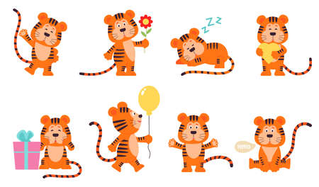 Cartoon tiger. Striping red little tigers, funny children wild characters. Isolated new year emblem celebration, funny animal wit balloon decent vector set. Illustration of tiger, striped funnyのイラスト素材