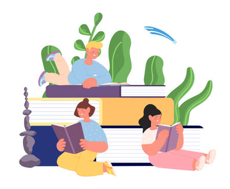 Cute children read. Kids with books, study together. Self mind development, education or library vector concept. Book education, children read cartoon illustrationのイラスト素材