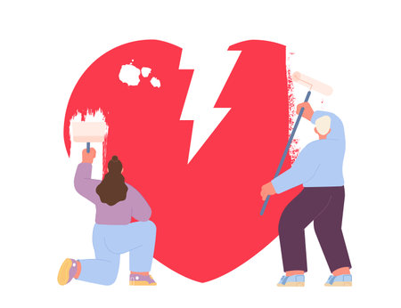 Divorce metaphor. Couple paint out giant heart, family is over. Girl and boy dont need relationship. No friendship or romantic feelings vector. Illustration of couple divorce, family fail loveのイラスト素材