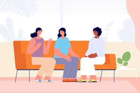 Friends meeting. Women talking in living room, female characters communicate. Gossip girls, friendship and support vector scene. Illustration of woman meeting, female friendshipのイラスト素材