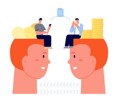 Idea vs money transfer. Business deal, creative boy and businessman. People head with coins and lamps, new start up or project vector metaphor. Illustration of idea and money equalityのイラスト素材