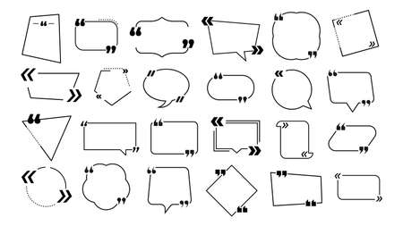 Quote text frames. Information bubbles, quotes note message or texting block. Black line info banner, creative quotation shapes vector set. Illustration of speech bubble for talk and commentのイラスト素材
