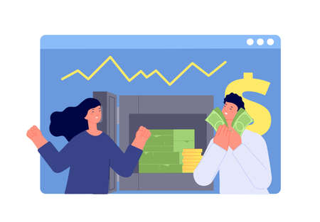 Successful investments. People joy money, good finance analysis. Banking analytics, man woman with cash vector scene. Illustration of investment success businessのイラスト素材