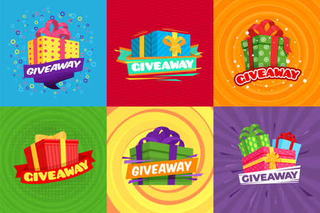 Giveaway posters. Box gifts sale, event winner banners. Giving presents, promo contest and announcement rewards. Give prize recent vector template cards. Illustration of giveaway gift, winner rewardのイラスト素材
