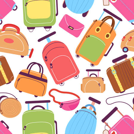 Doodle suitcases. Travel suitcase, luggage bags. Colorful female bag, vacation accessories. Cabin size baggage, tourism store decent vector seamless pattern. Illustration of suitcase travel patternのイラスト素材
