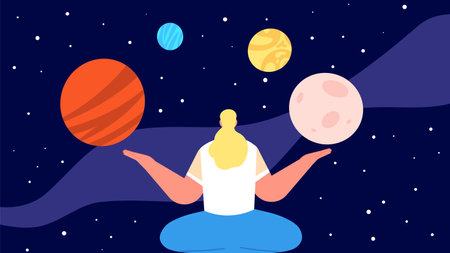 Astronomy concept. Meditation on universe, woman relaxed. Fantasy world, girl and planets. Night starry sky and female vector concept. Illustration of astronomy meditation in spaceのイラスト素材