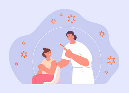 Children vaccination. Flu prevention, kids vaccine. Healthcare, nurse with syringe and little girl. Protection health procedure, vector medical concept. Illustration of prevention and vaccinationのイラスト素材