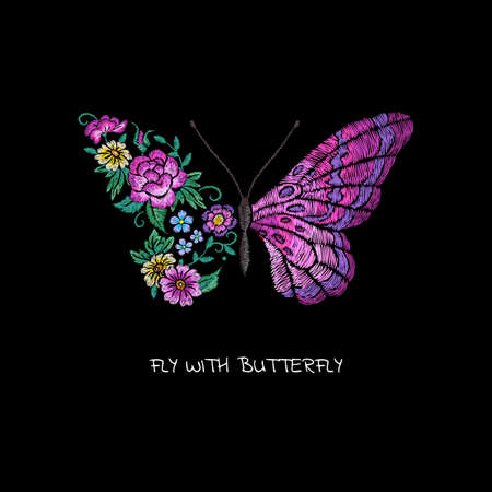 Butterfly and flower. Floral butterflies wings, youth teenagers slogan print. Spring summer vibes, silk embroidery print. Beautiful girly nowaday vector poster. Butterfly illustration decorationのイラスト素材