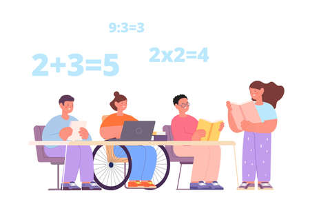 Inclusive education. Children reading book together. Kids on math lesson, disability kid study in class. Support and helping, no differents, vector concept. Illustration of education inclusive schoolのイラスト素材