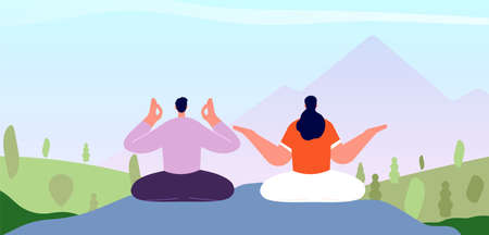 Meditation on nature. Man woman sitting on mountain. Relax on park, vacation or mind cleaning. Health wellbeing vector concept. Illustration of meditation on nature, relax and healthのイラスト素材