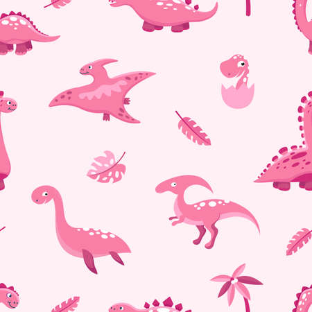 Pink dino pattern. Cute cartoon dinosaurs, leaves and palm. Pastel color girly seamless texture. Funny prehistoric characters vector print. Illustration of dino cute seamless patternのイラスト素材