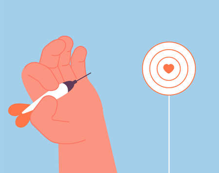 Target. Hand hold dart and aiming at heart. Love competition or romance feelings. Achievement of goals, goal setting and self confidence vector. Aim and target heart, targeting accuracy illustrationのイラスト素材