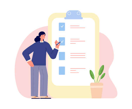 Woman and checklist. Successful time management. Female business character fills in list. Tasks, self control vector concept. Illustration of management organization timeのイラスト素材