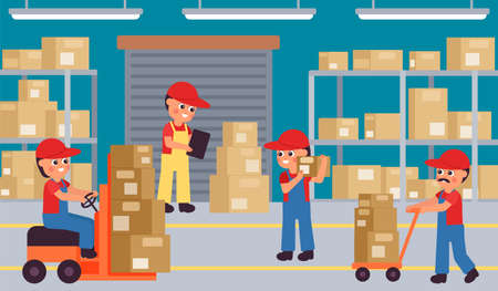 Warehouse interior. Cargo loading office, delivery logistic service. Cartoon workers with boxes, factory with pallets and packaging, decent vector illustration. Interior of warehouse and storageのイラスト素材